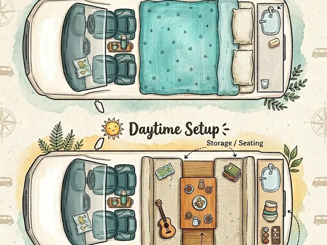 Mystery Machine — layout: night bed, day seating, table and kitchenette
