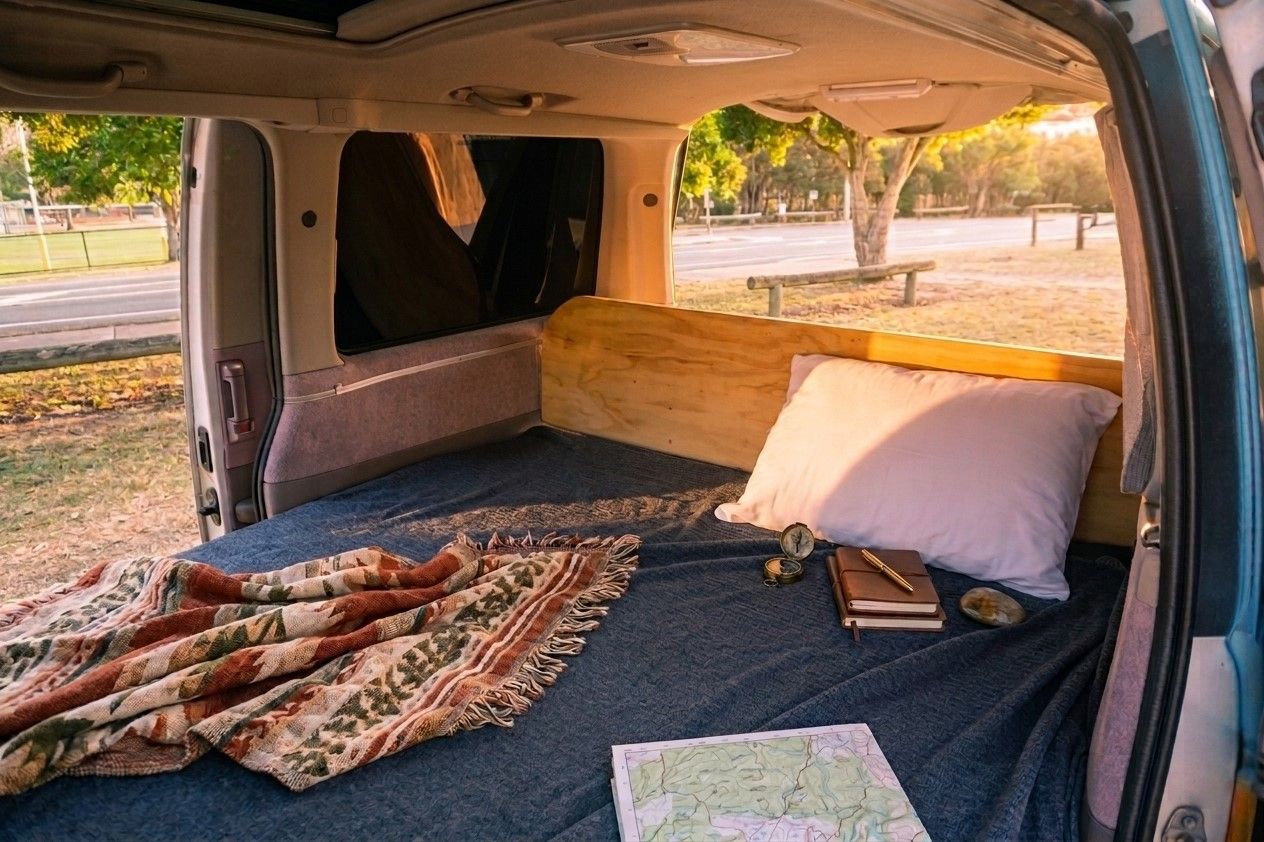 Mystery Machine camper double bed setup