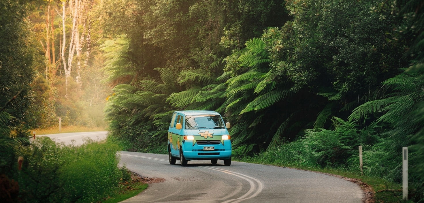 Mystery Machine camper driving through forest