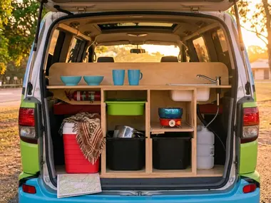 Mystery Machine rear kitchenette with sink and stove