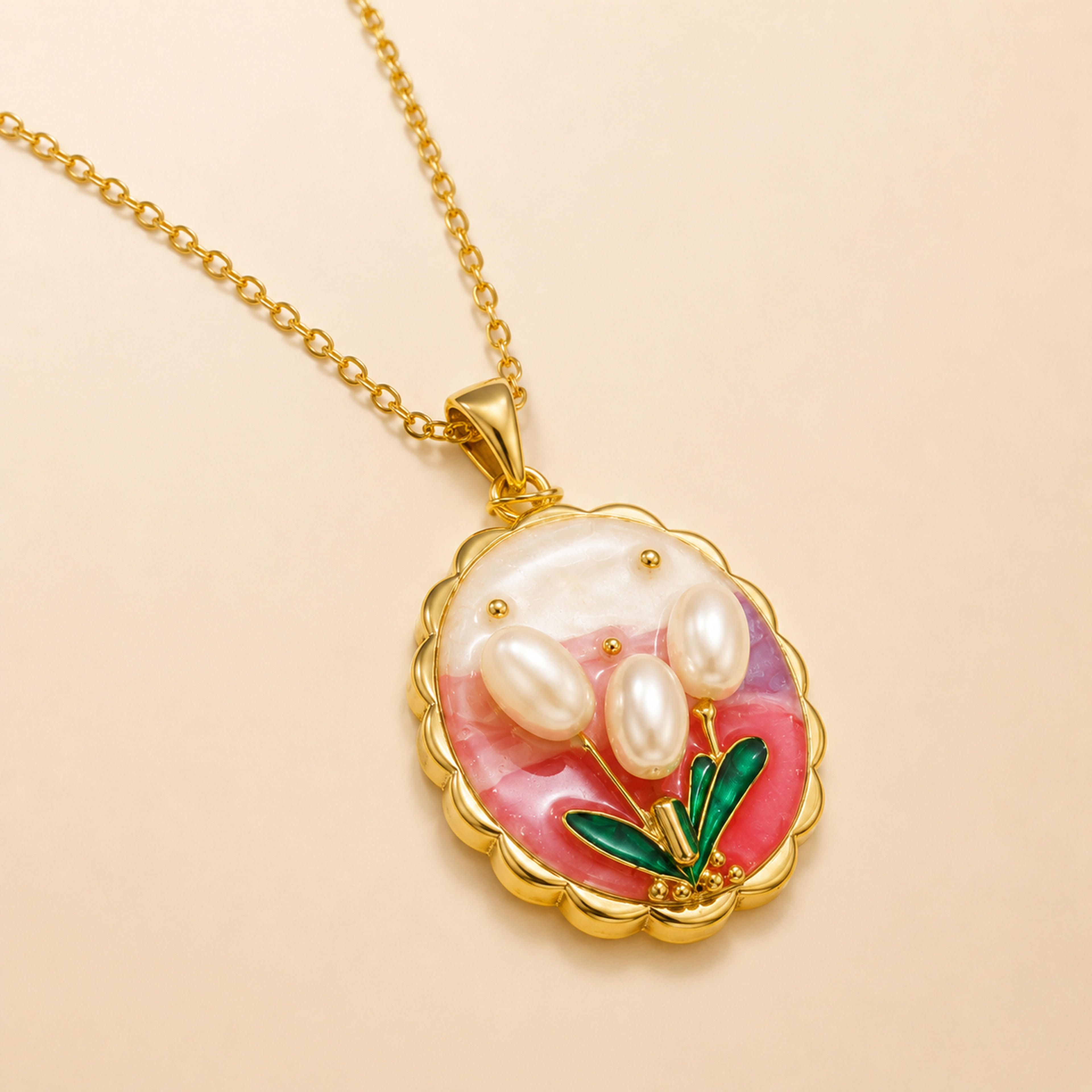 Rose Tulip Trio Enamel Pendant