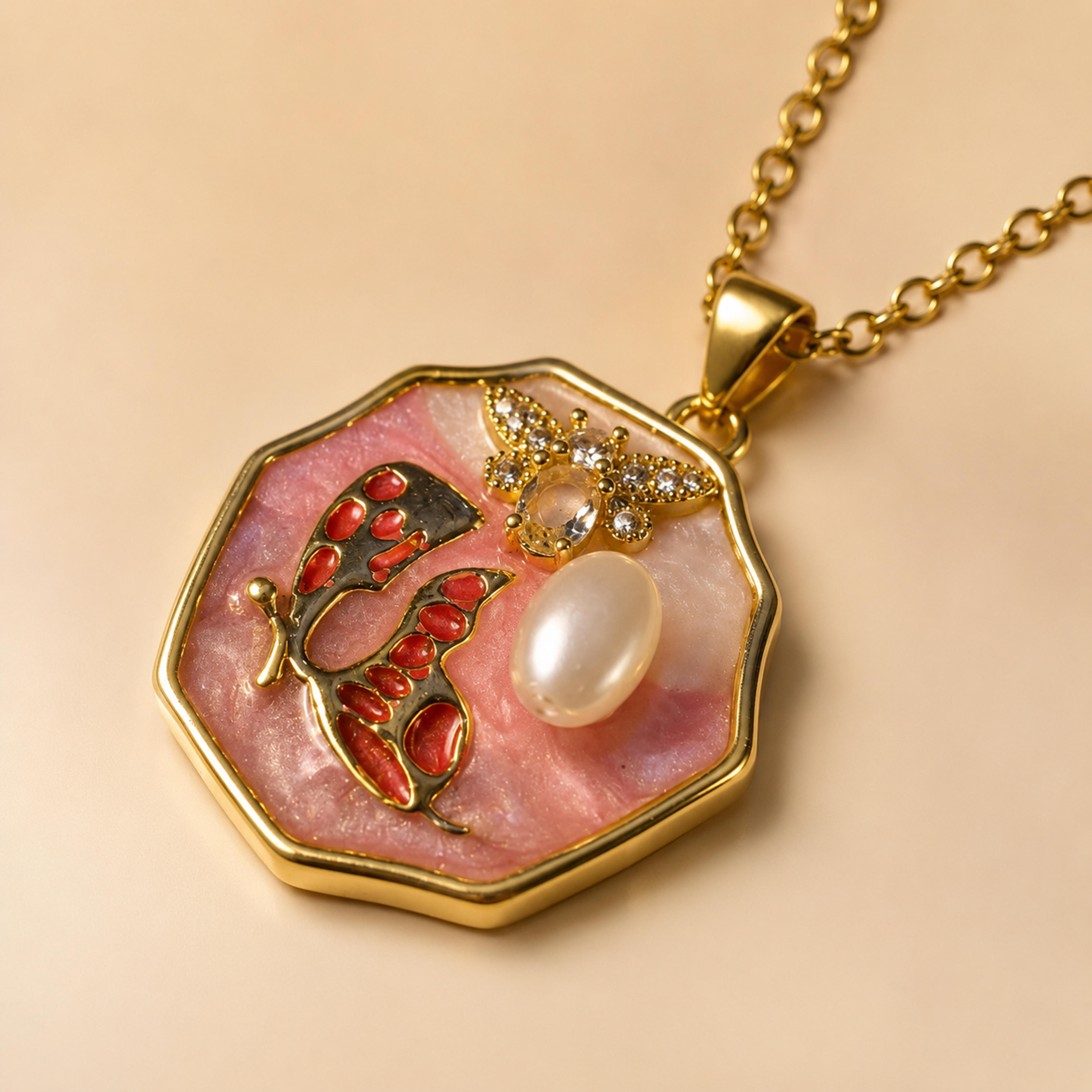 Rose Monarch Butterfly Enamel Pendant