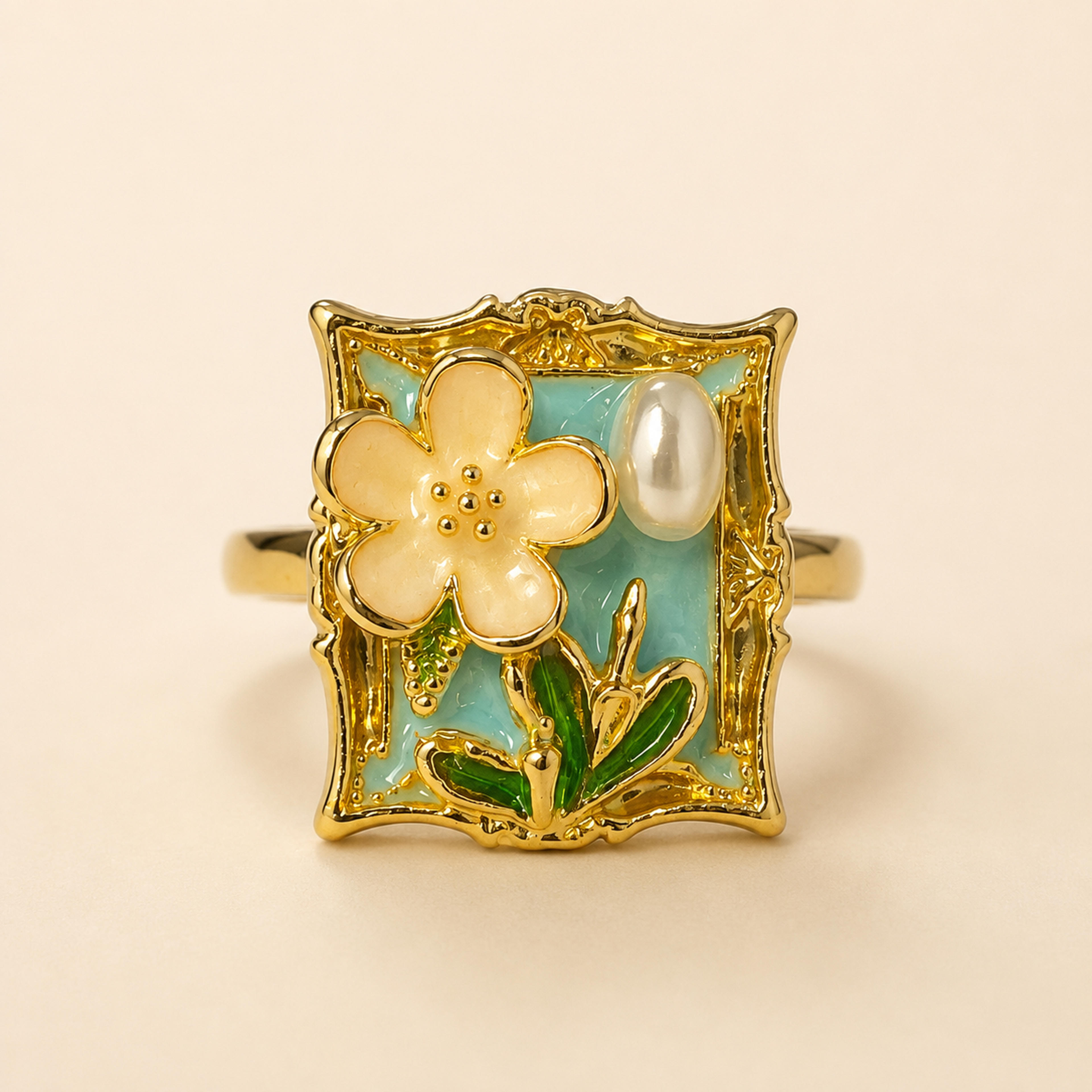 Ornate Meadow PearlStainless Steel Adjustable Ring