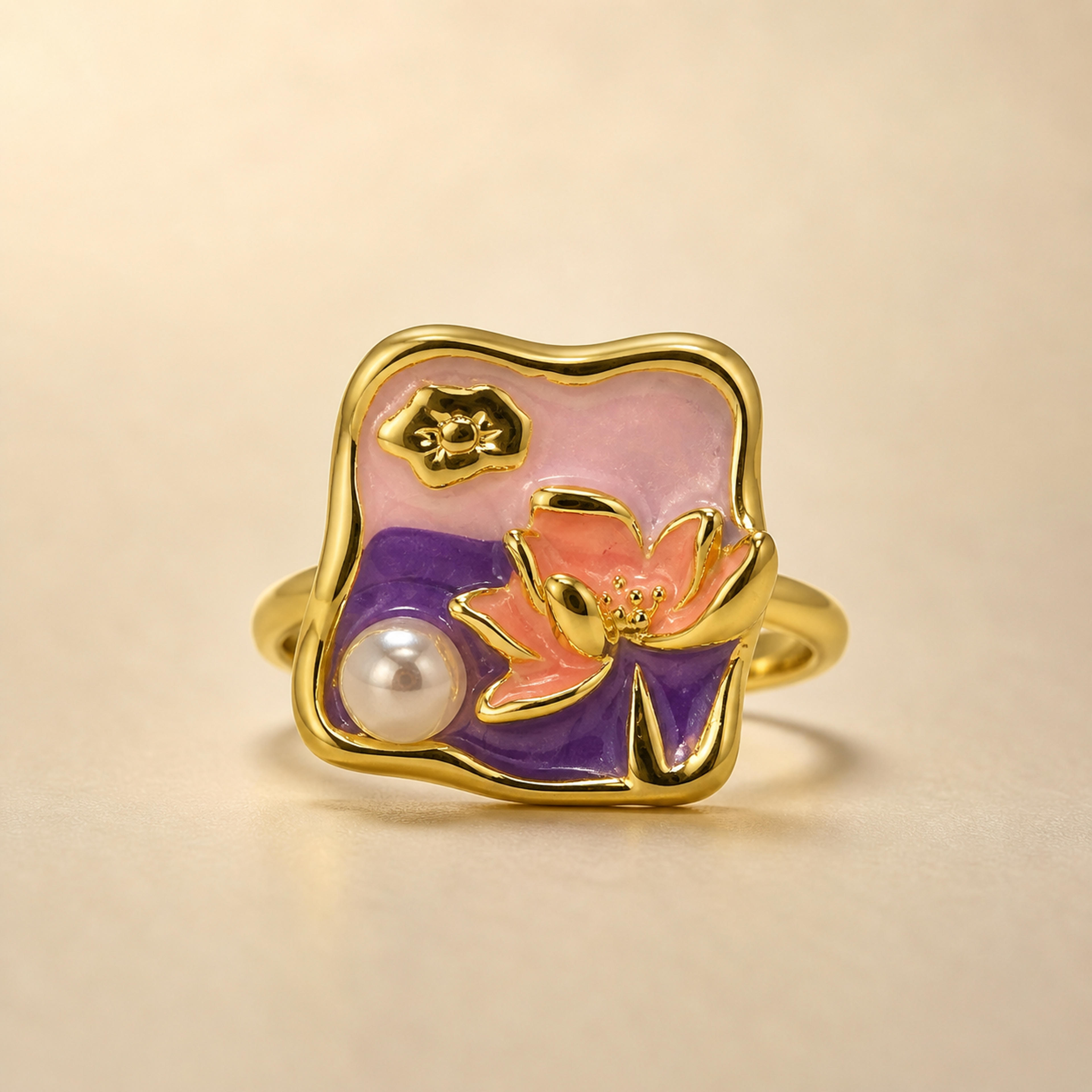 Ornate Lotus Lavender Purple Dream Stainless Steel Adjustable Ring.