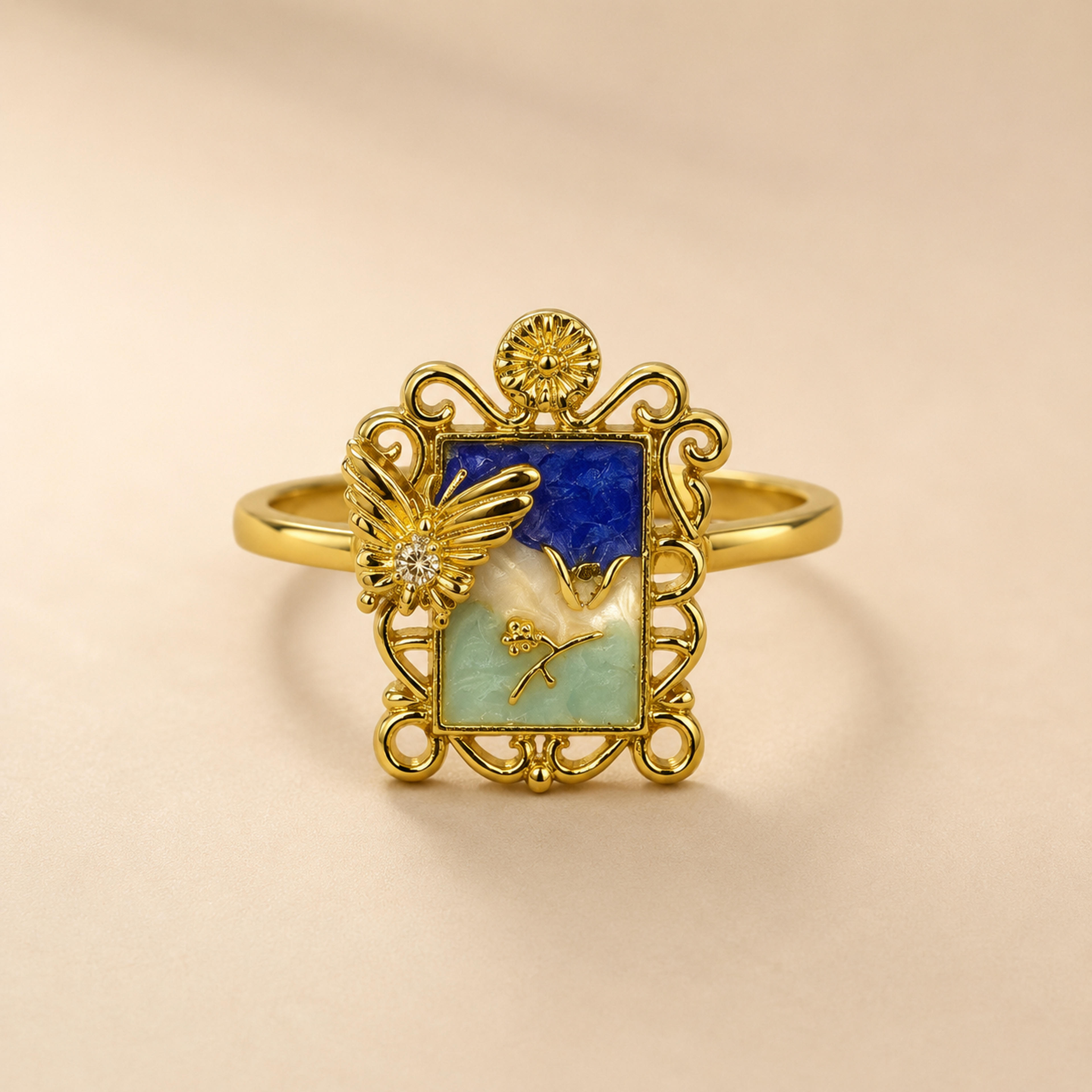 Celestial Garden Vintage Frame Stainless Steel Adjustable Ring