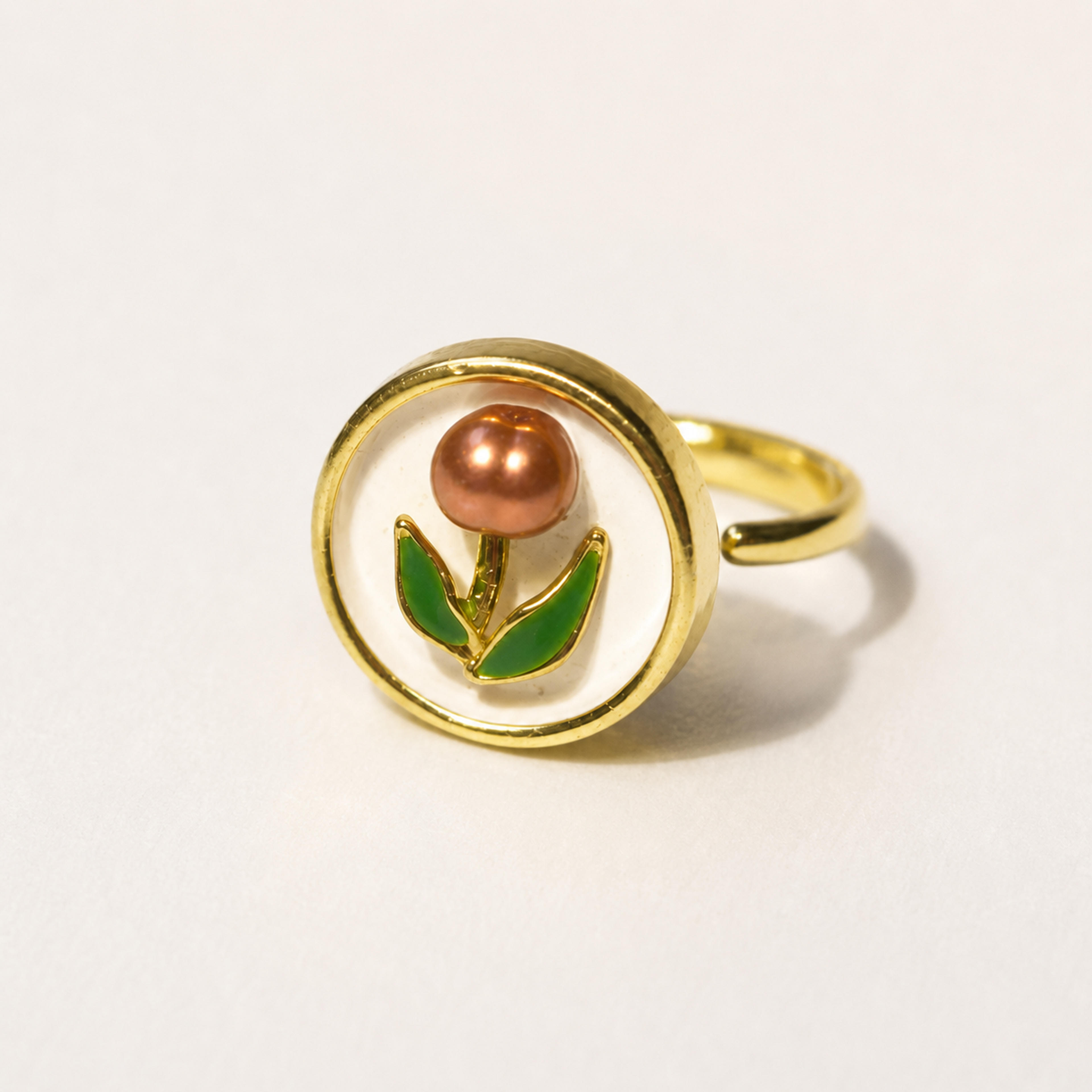 White Lily Bronze-Pearl Stainless Steel Adjustable Ring