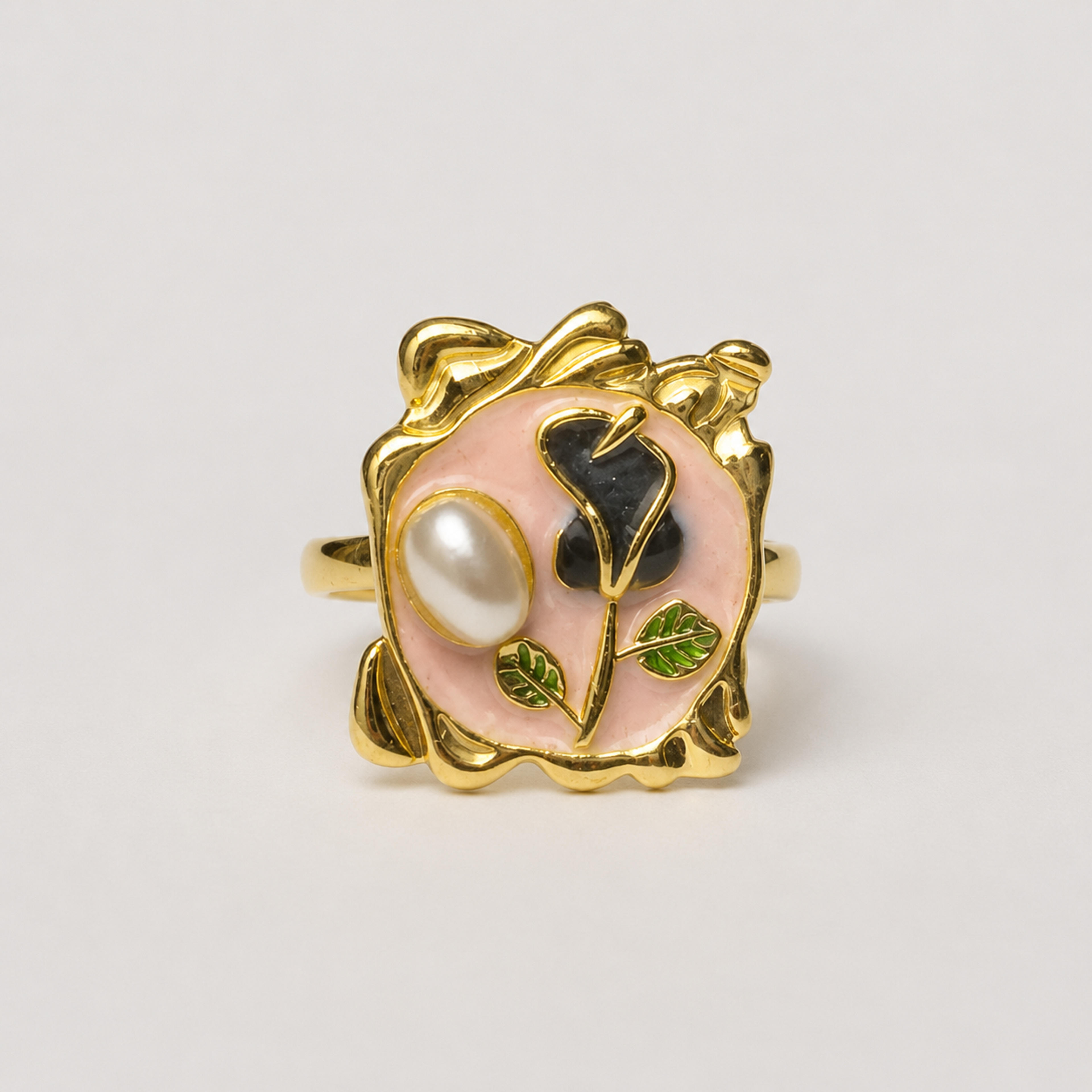 Vintage Frame Rose & Pearl Stainless Steel Adjustable Ring.