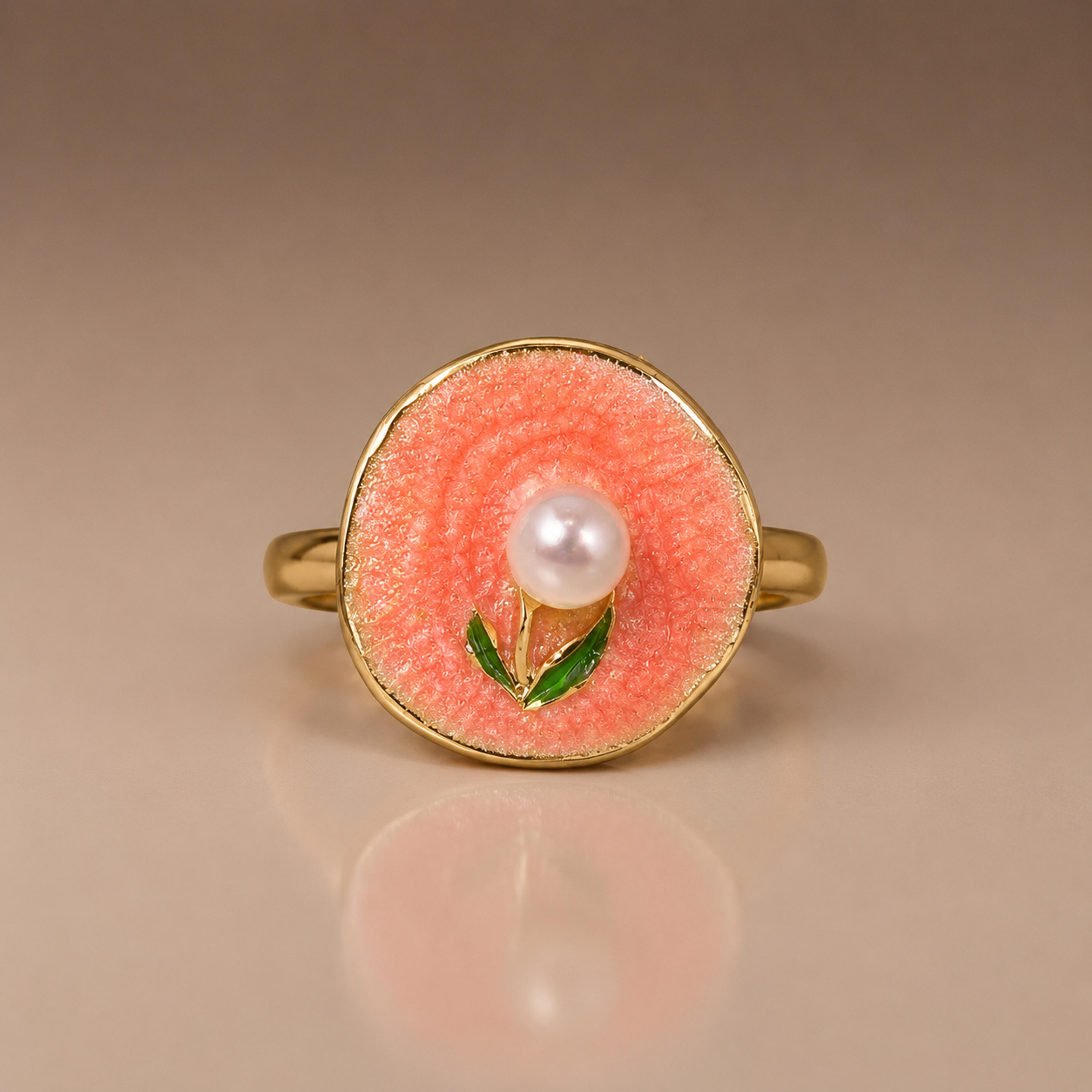 Peachy Blossom Stainless Steel Ring with Pearl Center
