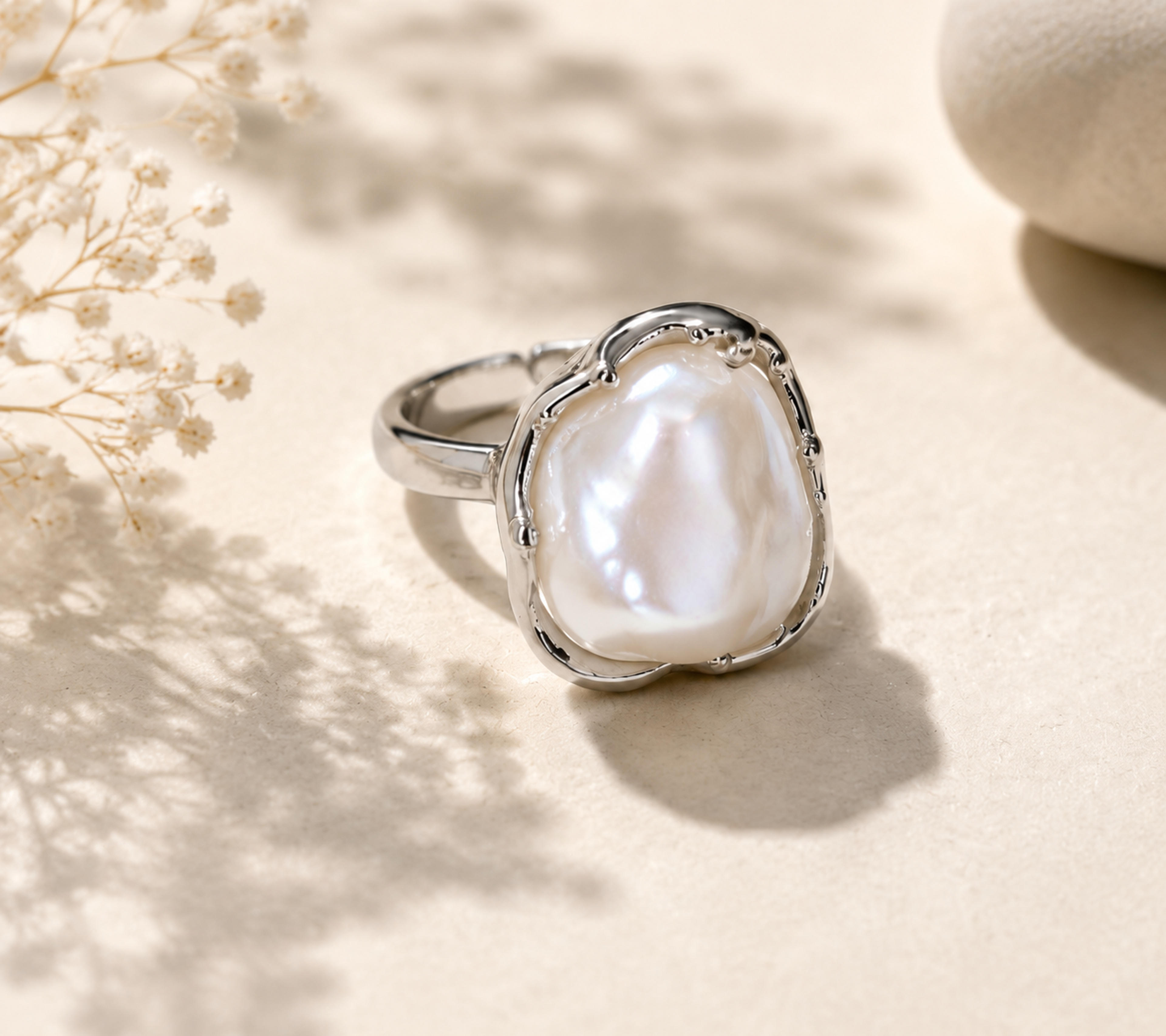 Mother of Pearl Rings Lustrous Silver Regal Column Adjustable Ring