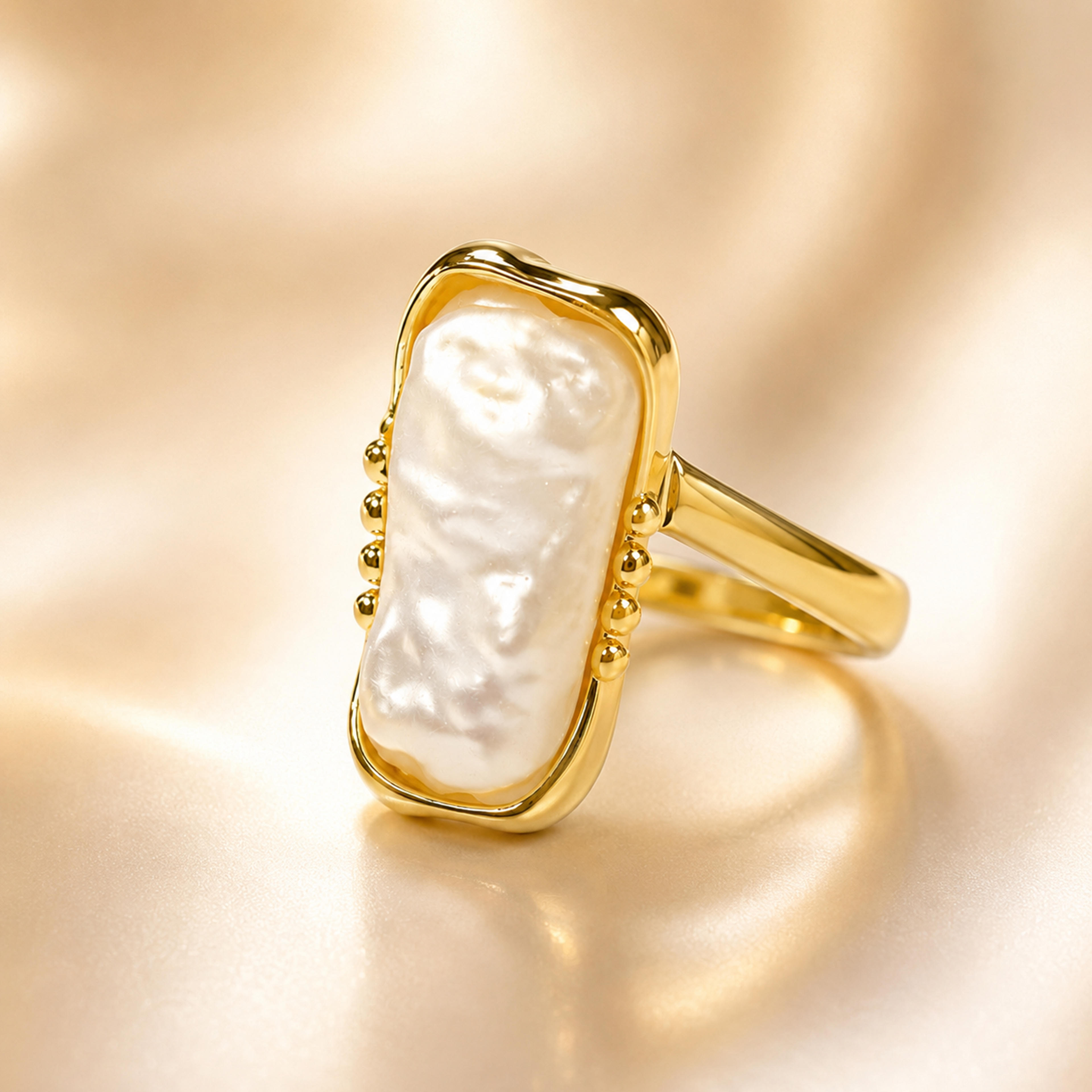 Mother of Pearl Rings: Lustrous Golden  Bar Stainless Steel Adjustable Ring