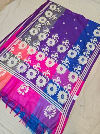 Royal Violet Multi-Color Blended Bangalore Silk Saree with Handcrafted 3D Kantha Stitch Sunflower Pallu