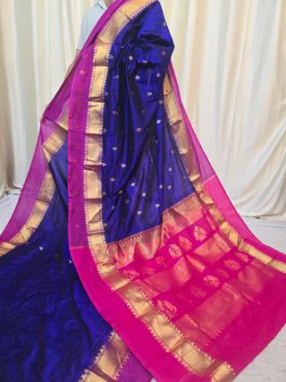 Royal Sapphire Blue Pure Kanjivaram Silk Saree with Rani Pink Contrast Gold Zari Brocade Pallu