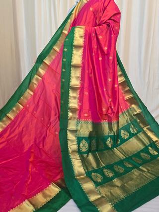 Shot Lavender Pink Pure Kanjivaram Silk Saree with Emerald Green Contrast Gold Zari Brocade Pallu