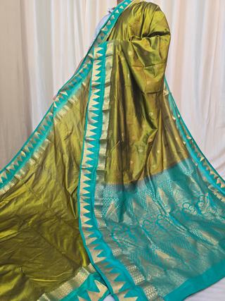 Olive Green Pure Kanjivaram Silk Saree with Turquoise Aqua Contrast Gold Zari Brocade Pallu
