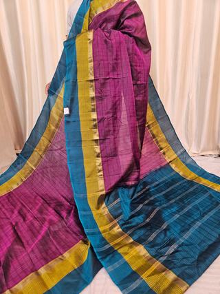 Dual-Tone Magenta Wine and Peacock Blue Gadwal Pure Stripe Mulberry Silk Saree