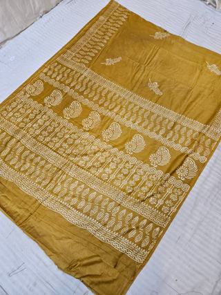 Mustard Yellow Hand Block Printed Bafta Silk Saree with Paisley Kalkas and Botanical Aancha