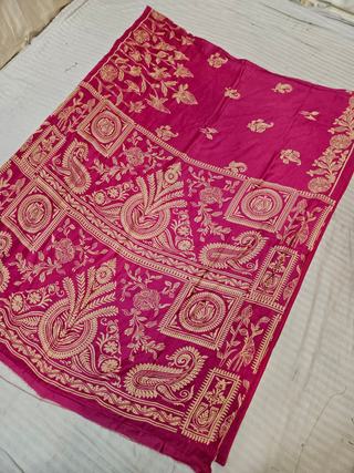 Rani Pink Hand Block Printed Bafta Silk Saree with Paisley Kalkas and Traditional Aanchal