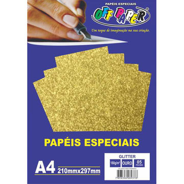 Papel Glitter A4 com 5 Folhas 180 Gramas Ouro - Off Paper - 10454