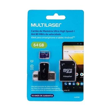 Cartão de Memória Multilaser 64 GB Micro Ultra High Speed Classe 10 SD+USB+OTG com Adaptador - MC152-SINOP-03