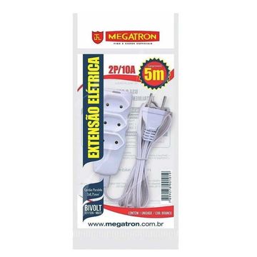 Cabo de Extensão 3 Tomadas Megatron 10A 5 Metros Bipolar Branco - 101