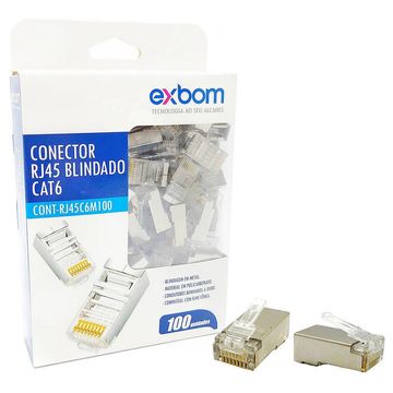 Conector RJ45 Exbom Macho 8x8 Cat.6 Blindado - CONT-RJ45C6M100 - Pacote com 100 unidades