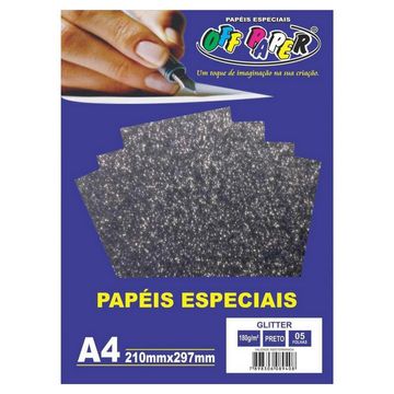 Papel Glitter A4 com 5 Folhas 180 Gramas Preto - Off Paper - 10456