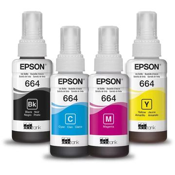 Tinta para Cartucho Epson Original - T664 Kit 4 Cores - 6.500 páginas para L110, L120, L200, L210, L220, L355, L365, L455, L555, L565, L375