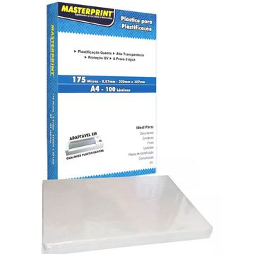 Plástico para Plastificação A4 220mm x 307mm 175 Micras 0,07mm Masterprint - Pacote com 100 Unidades - 329010003