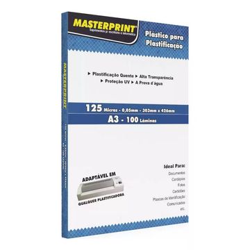 Plástico para Plastificação A3 303mm x 426mm 125 Micras 0,05mm Masterprint - Pacote com 100 Unidades - 329010002