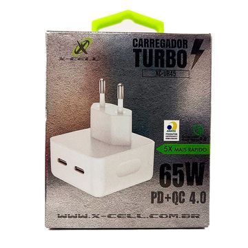 Carregador de Celular Parede com 2 Portas Type-C 4.0A 65W Turbo Bivolt Branco X-Cell - XC-UR-45