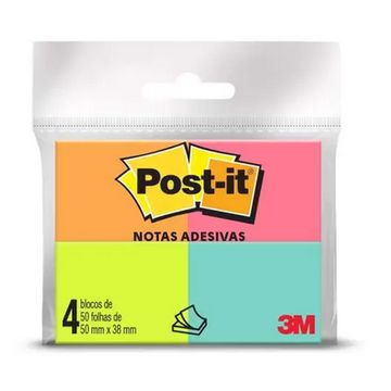 Bloco de Notas Adesivo 38x50mm com 4 Blocos de 50 Folhas 4 Cores - Post-it - 3M - HB004402267