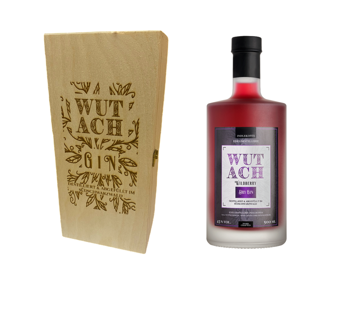 WUTACH Wildberry Dry Gin 500ml - in gravierter Holzkiste