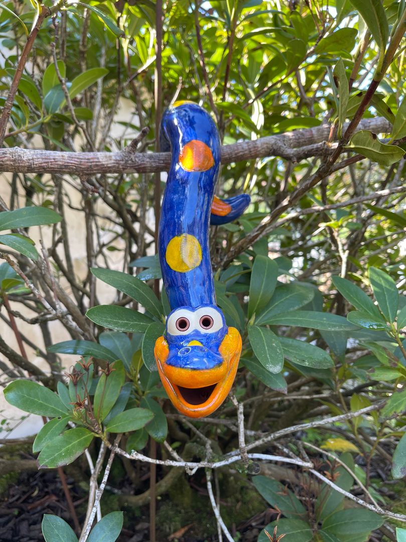 Baumschlange hängend klein aus Keramik, blau, Frostsicher, Unikat, Handarbeit, Gartendeko, Hochwertig