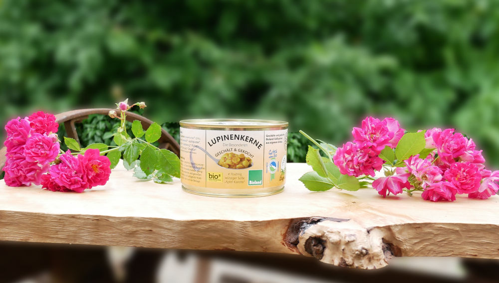Bioland Lupinenkerne gekocht in fruchtig würziger Apfel-Karotten-Soße 360g Dose