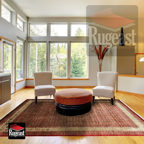 RUGEAST Authentischer Mahi Orientteppich 350x242cm – Handgewebter Indischer Wollteppich – Traditionelles Rot-Creme Blumenmuster – Großer Teppich für Wohnzimmer & Gästezimmer