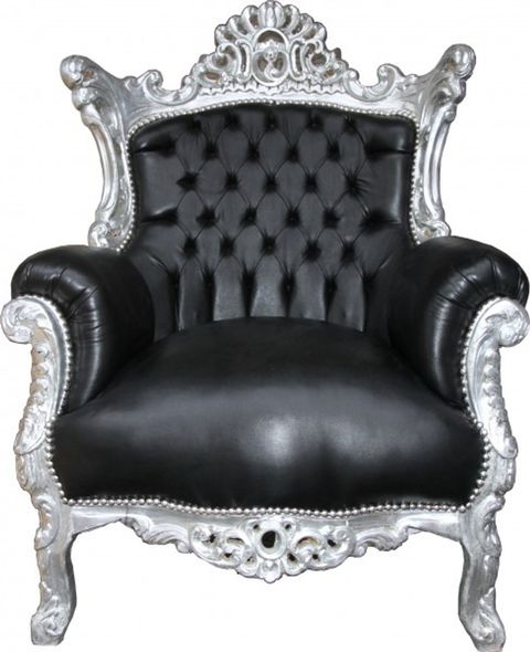 Casa Padrino Barock Sessel Al Capone im Antik Stil, Schwarz Lederoptik und Silber, H 128 cm