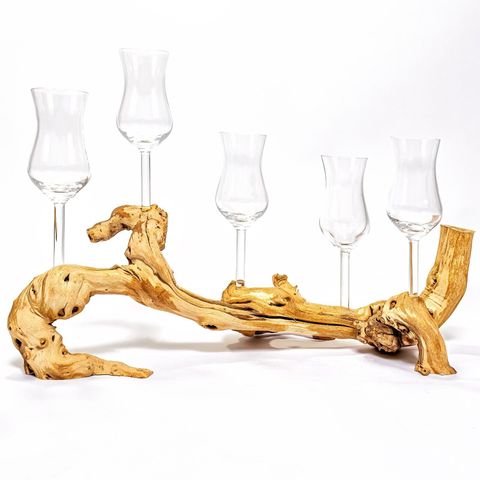 5 Schnapsgläser / Grappagläser edel auf einer Wurzel aus echtem Holz. UNIKAT