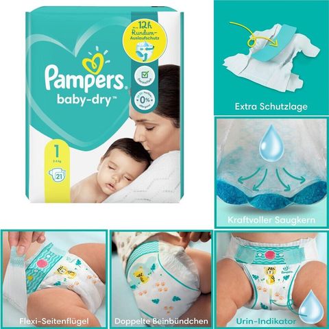 Pampers Baby-Dry Newborn Größe 1, 21 Windeln, bis zu 12 Stunden Schutz, 2kg-5kg