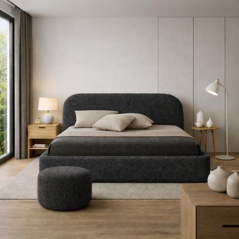 SOFELLO Polsterbett Grau MOON mit Bettkasten 90-200x200 | Holz-Lattenrost mit AUFHEBEN Bouclestoff Teddystoff