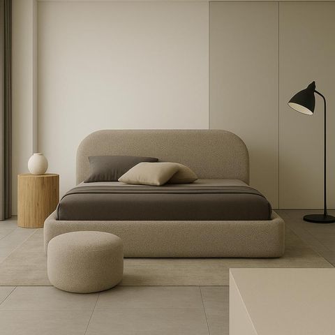 SOFELLO Polsterbett Beige MOON mit Bettkasten 90-200x200 | Holz-Lattenrost mit AUFHEBEN Bouclestoff Teddystoff