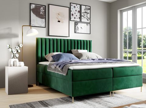 Sofello Boxspringbett JILL 120 x 200cm mit Bettkasten TOPPER 5cm Gratis Gr?n Velour hohe goldene Beine