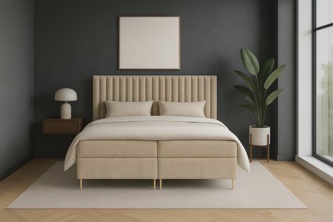 Sofello Boxspringbett JILL 160 x 200cm mit Bettkasten TOPPER 5cm Gratis Beige Velour hohe goldene Beine