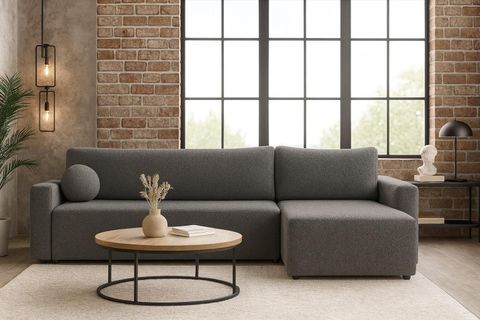 Ecksofa BELLA GRAU Boucl? vereint elegantes Design mit Funktionalitaet Schlaffunktion und geraeumigem Bettkasten,GRATIS Kugelkisse, Liegeflaeche: 191?200
