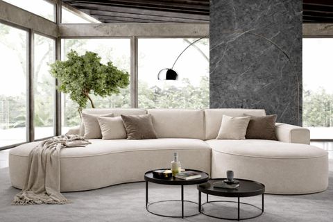 Ecksofa MOLLY mit abgerundeter Form in Creme Beige Grau  Velour Stoff  - trendige abgerundete Form! (mit Schlaffunktion) Liegeflaeche:?140x207 cm