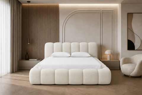 Sofello BUBI Polsterbett Boucl? Creme 160x200 mit Bettkasten Metall Lattenrost Luxus Design Bett
