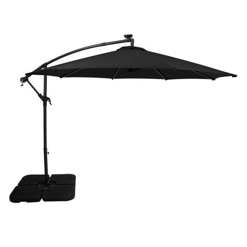 LED Ausleger-Sonnenschirm 3m Schwarz Bananenschirm mit quadratischem Beschwerungsfuß Garten Sonnenschutz Terrasse Außenbereich UV-Schutz Kurbelgriff Kreuzfuß 8 Streben inkl. Wasserdichte Regenhülle