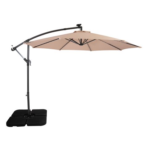 LED Ausleger-Sonnenschirm 3m Beige Bananenschirm mit quadratischem Beschwerungsfuß Garten Sonnenschutz Terrasse Außenbereich UV-Schutz Kurbelgriff Kreuzfuß 8 Streben inkl. Wasserdichte Regenhülle