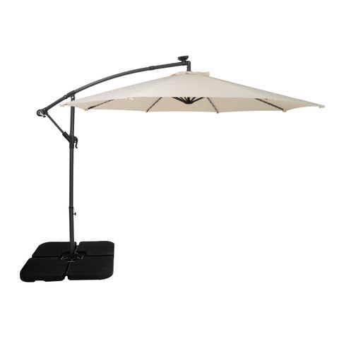 LED Ausleger-Sonnenschirm 3m Creme Bananenschirm mit quadratischem Beschwerungsfuß Garten Sonnenschutz Terrasse Außenbereich UV-Schutz Kurbelgriff Kreuzfuß 8 Streben inkl. Wasserdichte Regenhülle