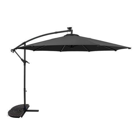 LED Ausleger-Sonnenschirm 3m Grau Hängender Bananenschirm mit halbem Fächerfuß Garten Sonnenschutz Schirmdach Terrasse Außenbereich UV-Schutz Kurbelgriff Kreuzfuß 8 Streben Wasserdichte Regenhülle