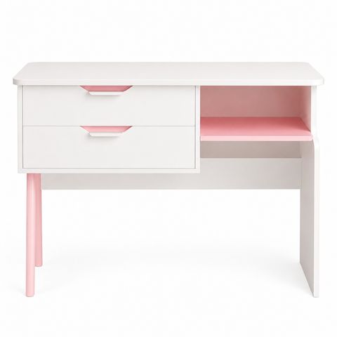 Moderner Kinderschreibtisch, 90 cm, weiß-rosa, mit 2 Schubladen und einem Regal